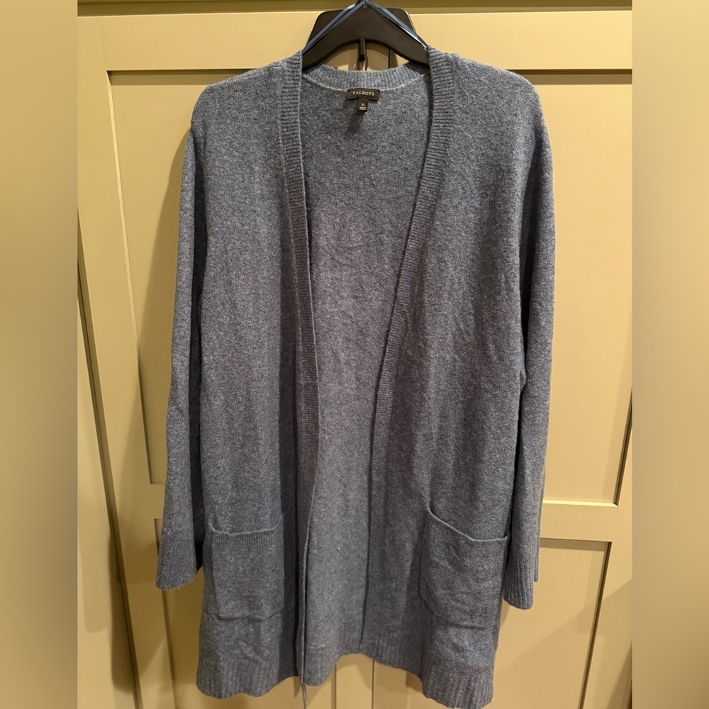 EUC Talbots Blue Wool Blend Open Front Tunic Length Cardigan SZ XL